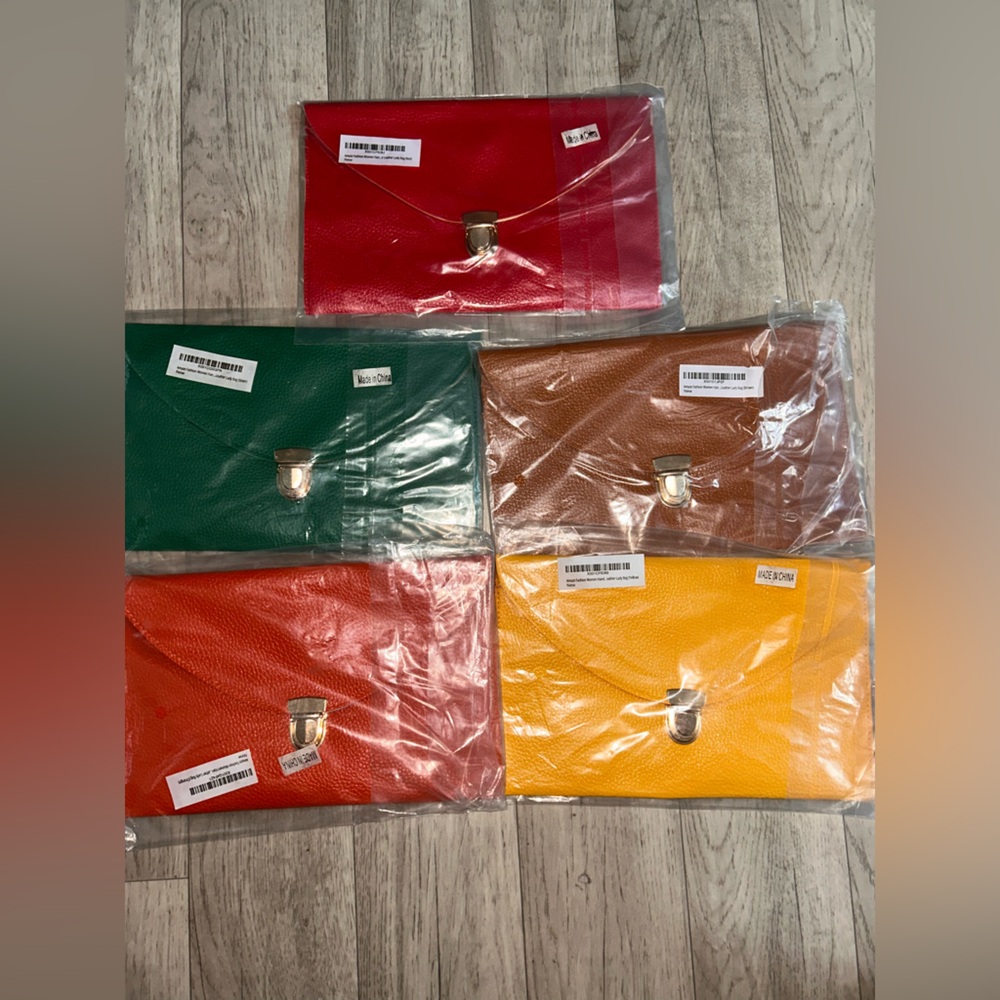 Set of 5 Colorful Leather Envelope Clutches with crossbody chain